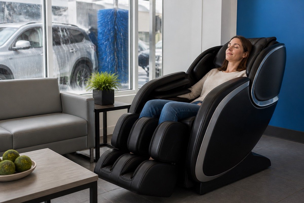 Guest relaxing in a professional massage chair at Whisper Shine