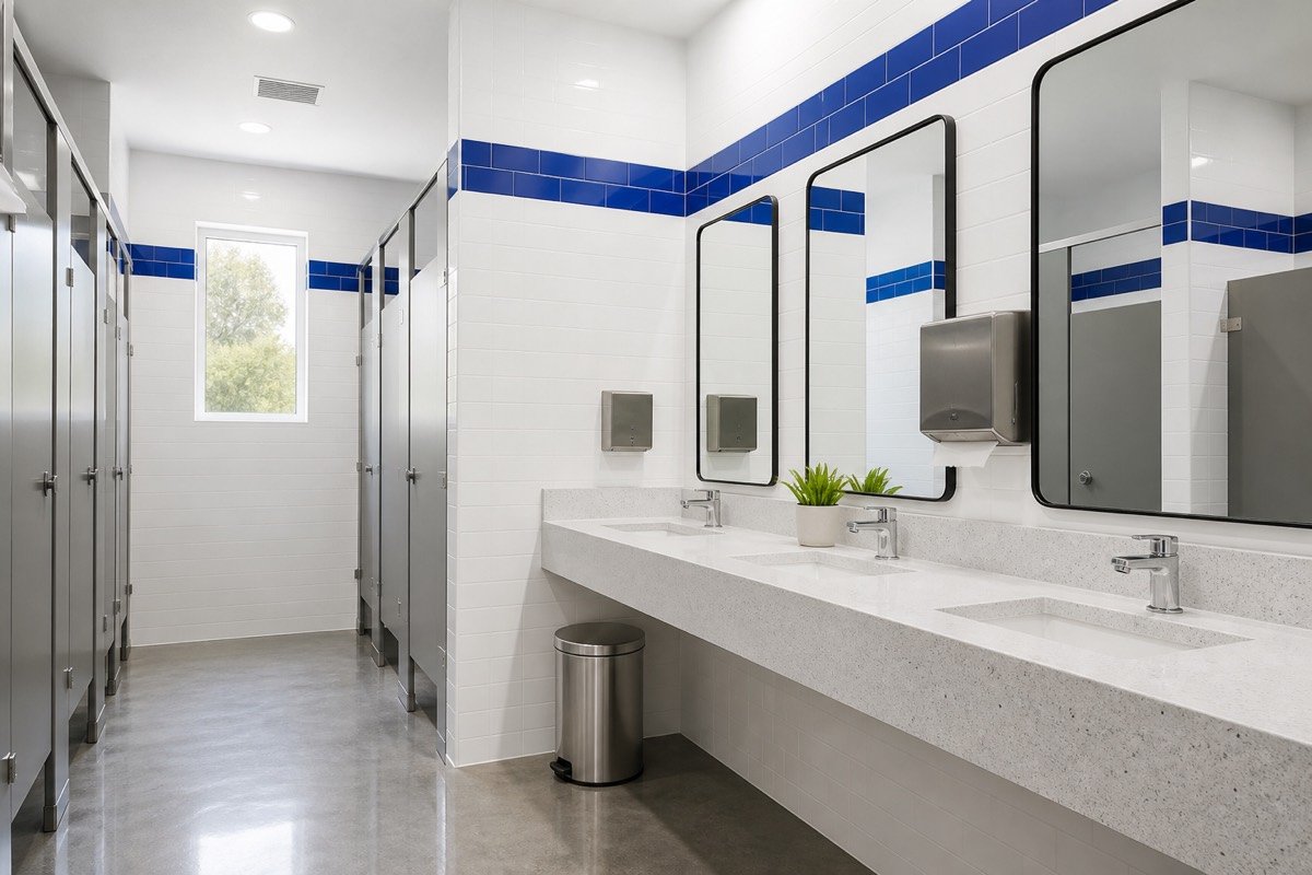 Bright, spotless restroom at Whisper Shine Express Car Wash